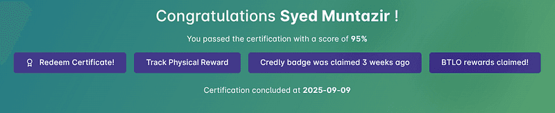BTL1 results dashboard showing a 95% score