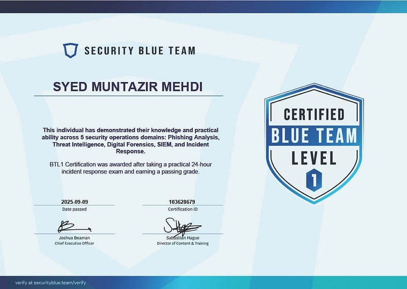 Security Blue Team — Blue Team Level 1 certificate