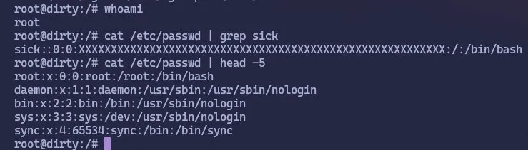 Terminal showing whoami as root and the injected sick user in /etc/passwd